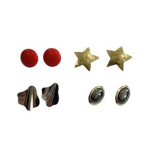 4 Vintage Stud Earrings (Red Dot, Gold Stars, Silver Abstract, Black & Gold)